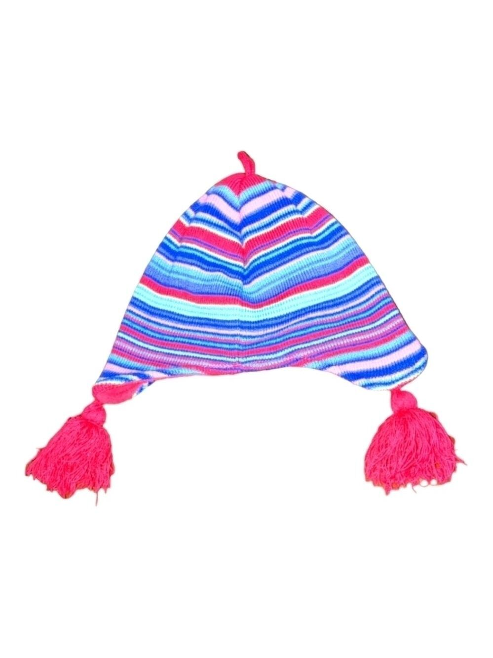 LL Bean Infant pink & blue striped fleece lined hat EUC